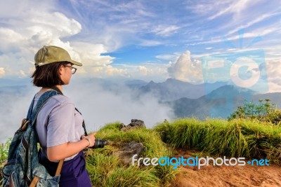 Tourist Teen Girl On Phu Chi Fa Mountain Stock Photo