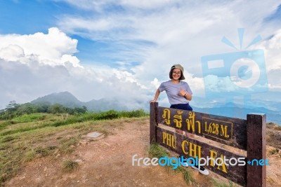 Tourist Teen Girl On Phu Chi Fa Mountain Stock Photo