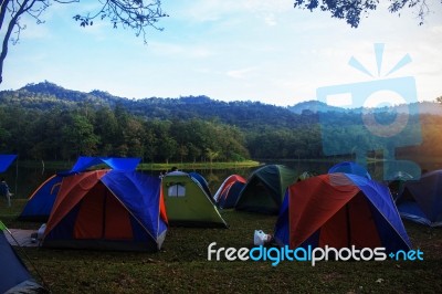 Tourist Tent Camp At The River Stock Photo