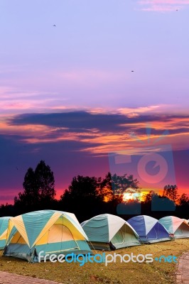 Tourist Tent With Beautiful Sunset Background Stock Photo