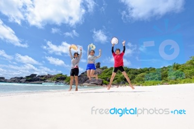 Tourist Women Three Generation Family On Beach Stock Photo