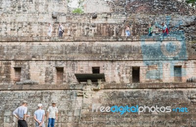 Tourists At The Site Of Mayan Ruins In Copan Ruinas, Honduras Stock Photo