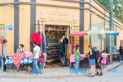 Tourists In Front Of The Store In Copan Ruinas, Honduras Stock Photo