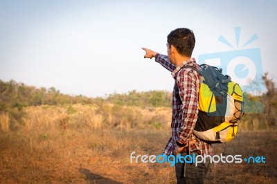 Tourists Man Are Enjoying The Mountain Stock Photo