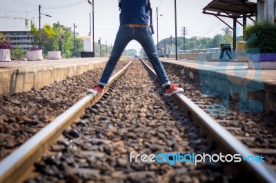 Tourists Man Are Enjoying The Train Station Stock Photo