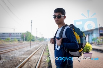 Tourists Man Are Enjoying The Train Station Stock Photo