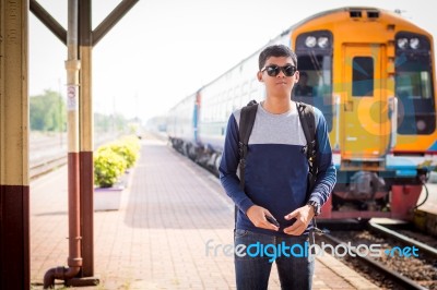 Tourists Man Are Enjoying The Train Station Stock Photo