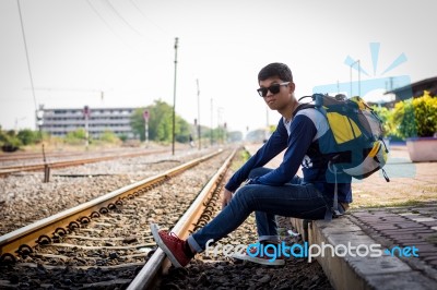 Tourists Man Are Enjoying The Train Station Stock Photo