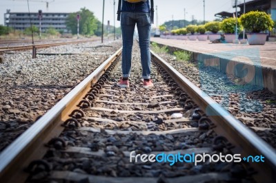 Tourists Man Are Enjoying The Train Station Stock Photo