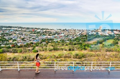 Tourists On View Point Hua Hin City In The Evening Stock Photo