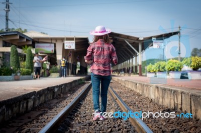 Tourists Woman Are Enjoying The Train Station Stock Photo