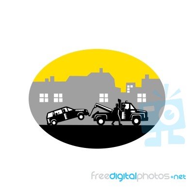 Tow Truck Towing Car Buildings Oval Woodcut Stock Image