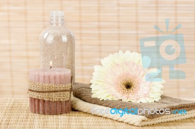 Towels, Flower, Candle And Aromatic Sand Stock Photo