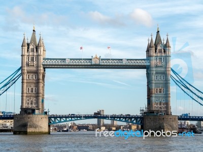 Tower Bridge Seen From A River Bus In London Stock Photo