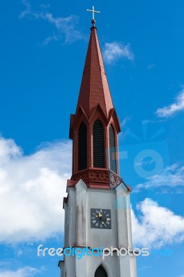 Tower Of The Evangelical Parish Church In Attersee Stock Photo