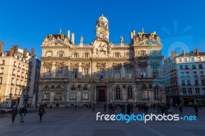 Townhall In Lyon With French Flag Stock Photo