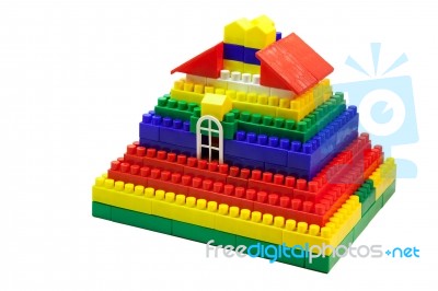 Toy House Out Of Colored Blocks Closeup Stock Photo