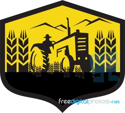 Tractor Harvesting Wheat Farm Crest Retro Stock Image