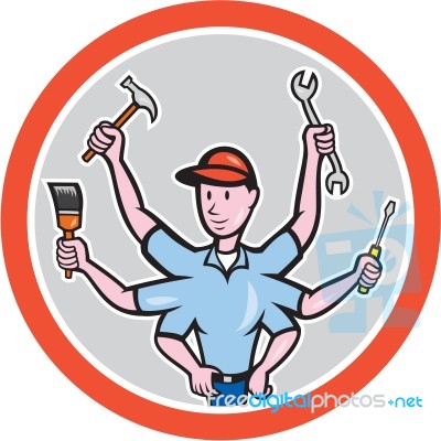 Tradesman Worker Six Hand Cartoon Stock Image