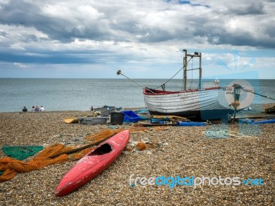 Traditional Fishing Boat On The Beach At Aldeburgh Stock Photo