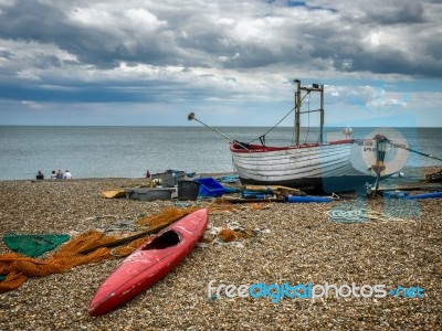 Traditional Fishing Boat On The Beach At Aldeburgh Stock Photo