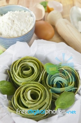 Traditional Italian Raw Homemade Spinach Pasta Stock Photo