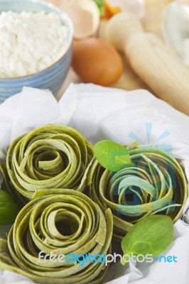 Traditional Italian Raw Homemade Spinach Pasta Stock Photo