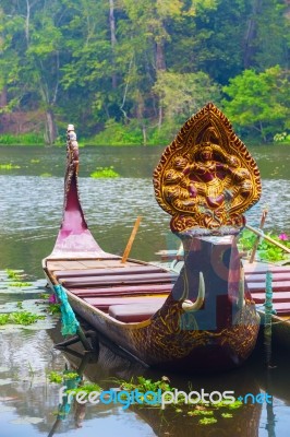 Traditional Khmer Boats With Carved Bows Stock Photo