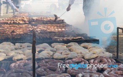 Traditional Meat Grilled On The Grill In The Argentine Countryside Stock Photo