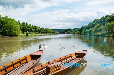 Traditional Punt Boats In Tubingen Aka Tuebingen, Germany Stock Photo