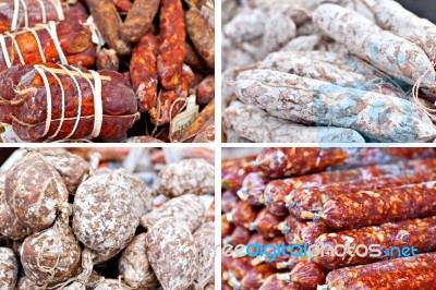 Traditional Salami At Italian Market Stock Photo