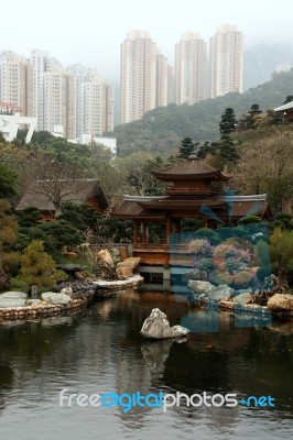 Traditional Temple In A Skyscrapers Background, Chi Lin Nunnery Temple, Hong Kong Stock Photo