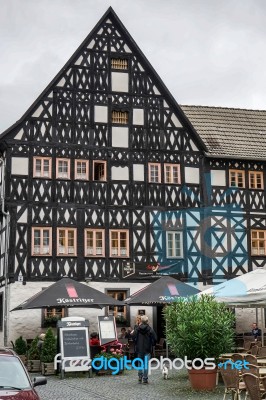 Traditional Timbered Restaurant In Weimar Stock Photo