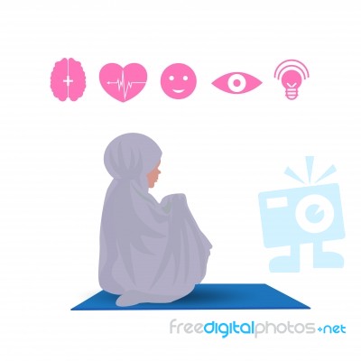 Traditionally Clothed Muslim Woman Making A Supplication (salah) While Sit Down On A Praying With Icon. Illustration Stock Image