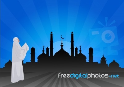 Traditionally Clothed Muslim Woman Making A Supplication (salah) While Standing On A Praying Rug Against The Backdrop Of The Mosque. Illustration Stock Image