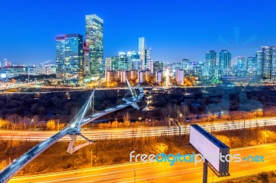 Traffic In Singil District, Seoul Korea Skyline At Night Stock Photo