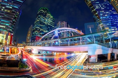 Traffic Lighting On Sathorn Road, Business Center Of Bangkok,thailand Stock Photo