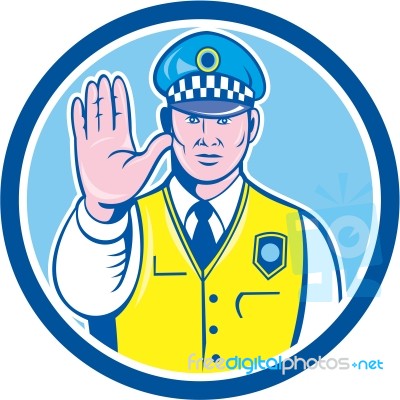 Traffic Policeman Hand Stop Sign Circle Cartoon Stock Image