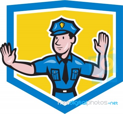 Traffic Policeman Stop Hand Signal Shield Cartoon Stock Image