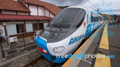 Train Painted Mt. Fuji Stock Photo