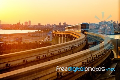 Train Railway In Sunset Stock Photo