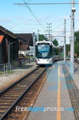 Tram Approaching The Station At St Georgen Im Attergau Stock Photo