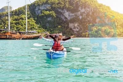 Travel By Boat With A Kayak Stock Photo