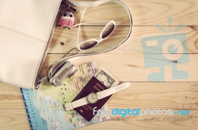 Travel Concept On Wooden Table Stock Photo