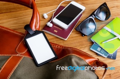 Travel Tag And Bag With Tourist Accessories Stock Photo