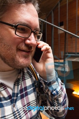 Traveler Hipster Man Browsing Talking Stock Photo