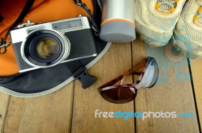 Travelling Set With Wood Background Stock Photo