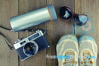 Travelling Set With Wood Background In Vintage Look Stock Photo