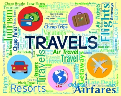 Travels Word Shows Vacationing Journeys And Touring Stock Image