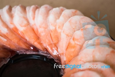 Tray Of Frozen Pile Shrimp Stock Photo